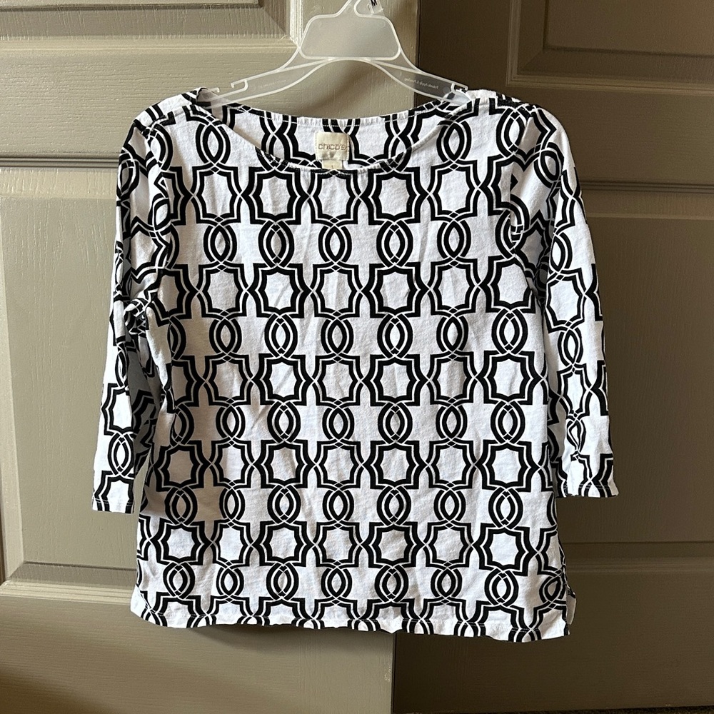 Chico's Black & White Geometric Boatneck Top with Three-Quarter Sleeves